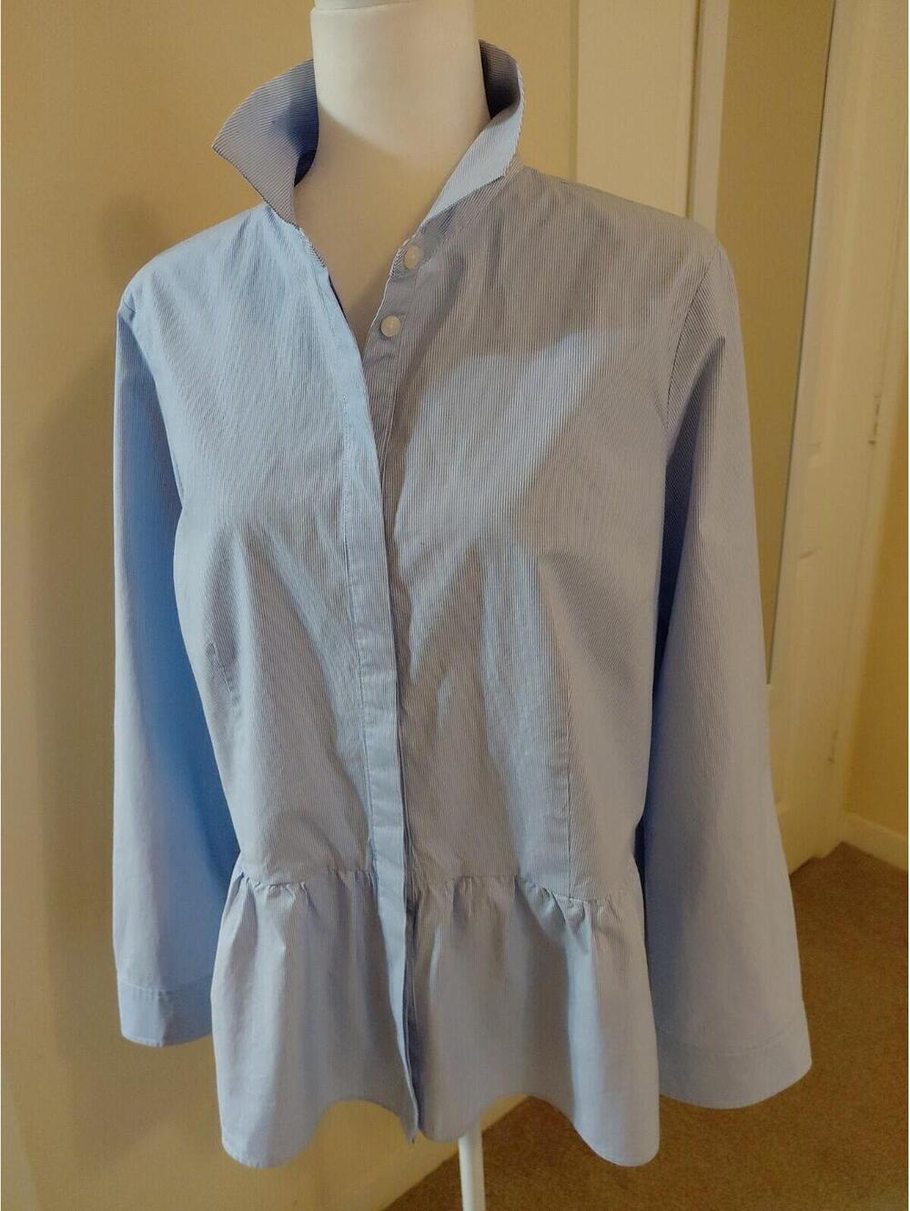 Talbots Peplum Shirt Micro Stripe Size L Light Blue And White EUC - Picture 2 of 10